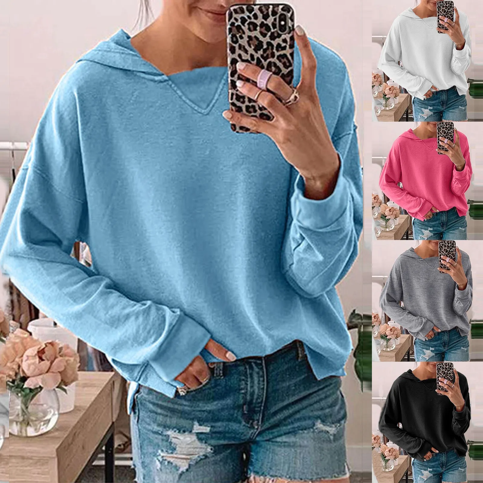 

Solid Vintage Blouse Women Fashion Casual Solid Sweatshirt Hooded V-neck Long Sleeve Loose Blouse Top #Q