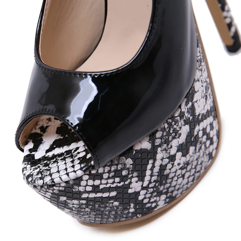 

Sexy 16 cm Heel Stiletto Shoes Snake Pattern Platform Women Pumps Fetish High Heels Peep Toe Patent Leather Pump Lady