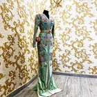 Женское вечернее платье с цветочной вышивкой, зеленое платье трапециевидной формы с рукавами до пола, Саудовская Аравия, Дубай, индивидуальный пошив, большие размеры