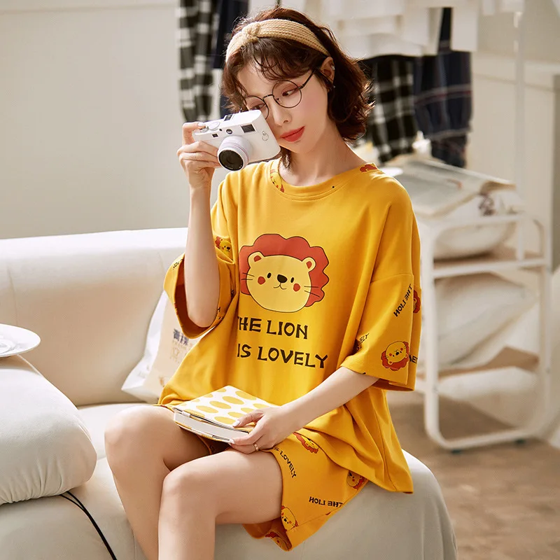 

Пижама женская хлопковая с коротким рукавом, мультяшная одежда для сна, длинные штаны, домашняя одежда, лето-весна