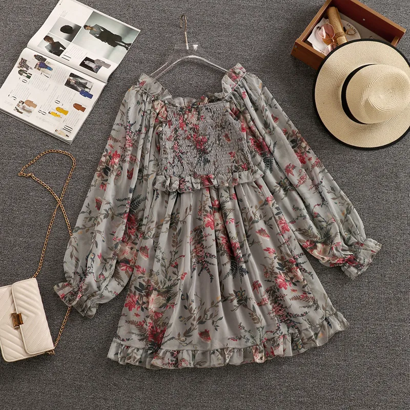 

Spring Floral Print Ruffle Chiffon Mini Dress Women Vintage Long Sleeve Summer Boho Beach Dress Female Party Vestidos Robe Femme