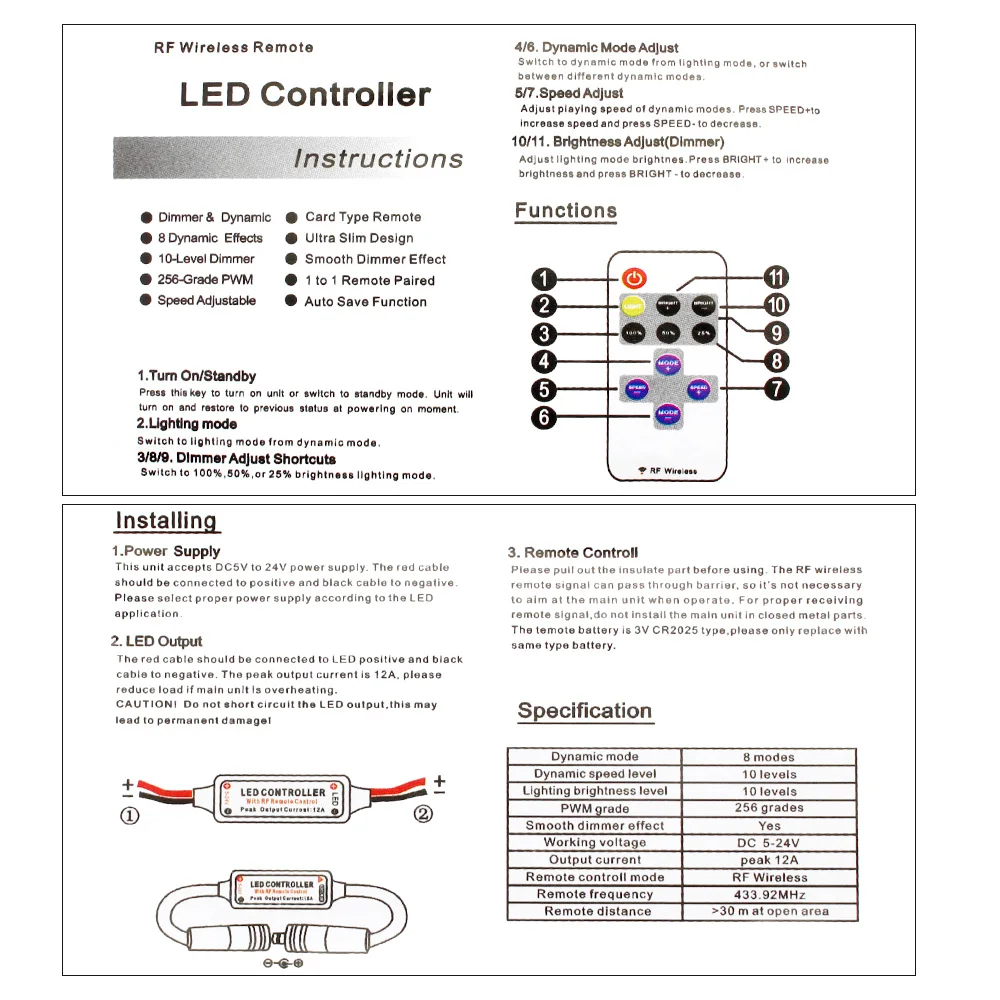 Светодиодная лента мини диммер 12/24 В с 11 клавишами RF 5/12/24 5050/2835|strip controller|led strip