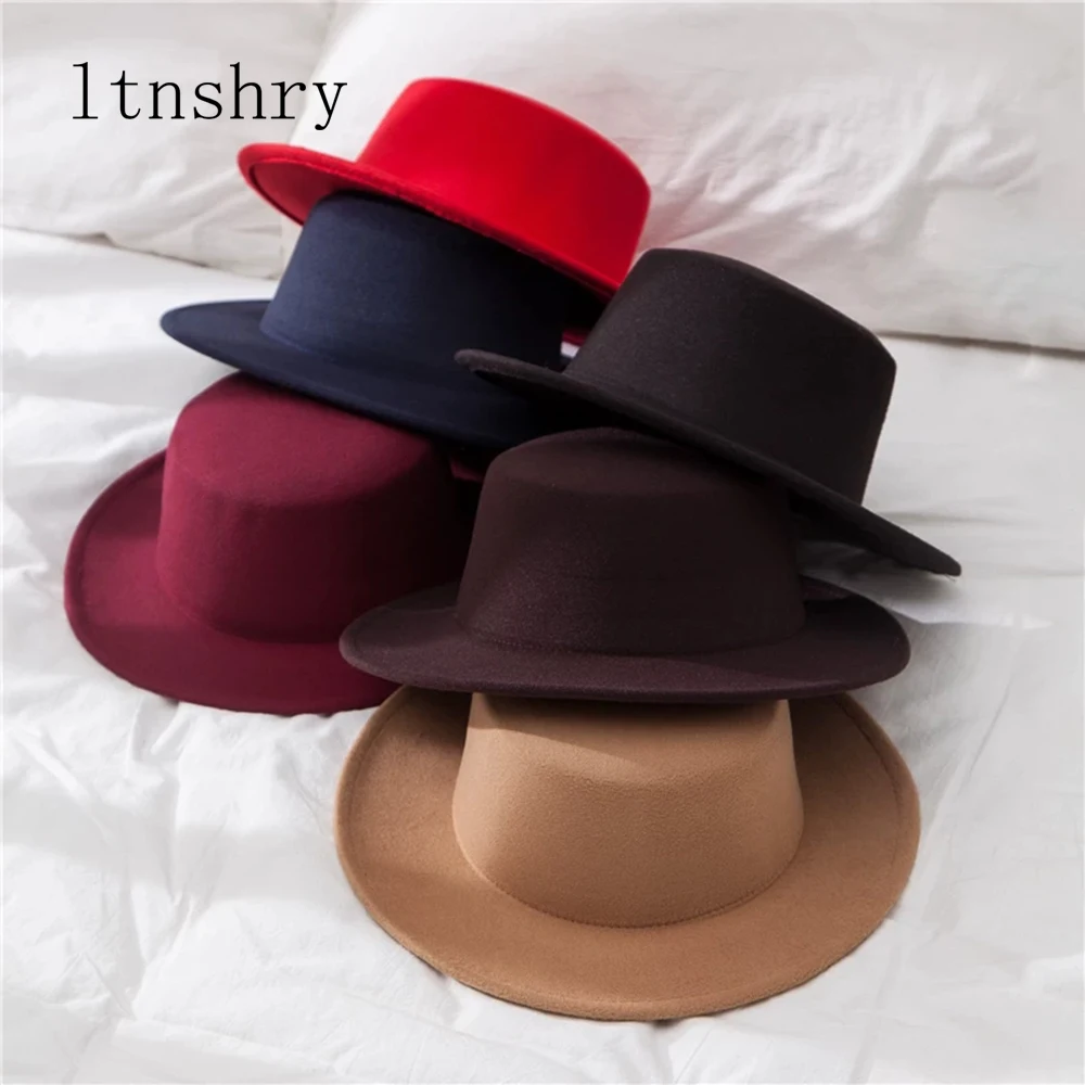 

New Classic Solid Color Felt Fedoras for Men Women Artificial Wool Blend Jazz Cap Wide Brim Simple Church Derby Flat Top Hat