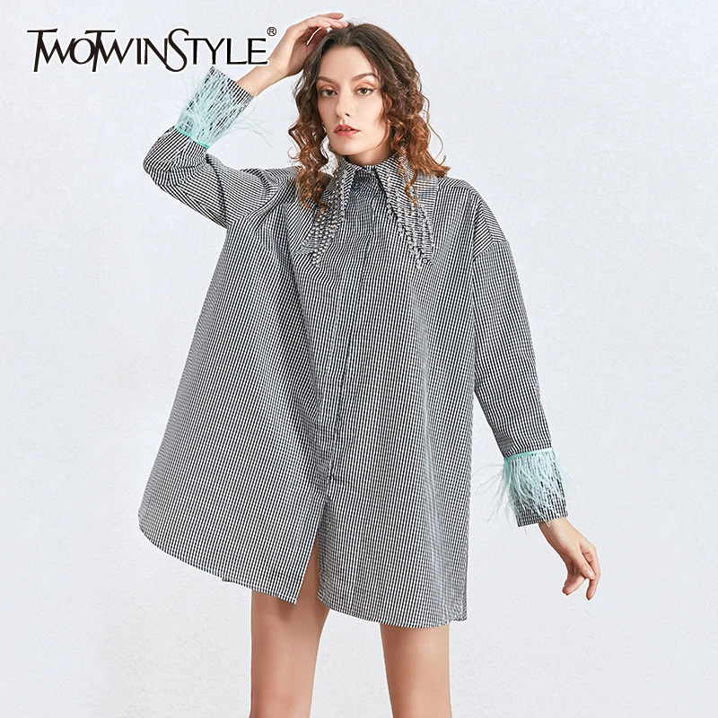 Женские платья TWOTWINSTYLE с длинным рукавом и перьями свободные вечерние 2020|Женские