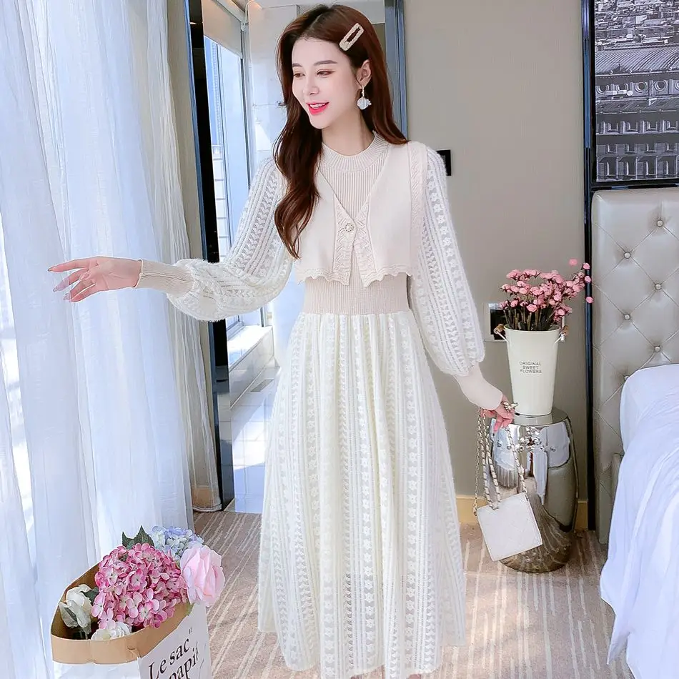 

COIGARSAM женское цельное корейское платье осень 2021 Новинка во французском стиле вязаные абрикосовые длинные платья с высокой талией Traf Robe Vestidos