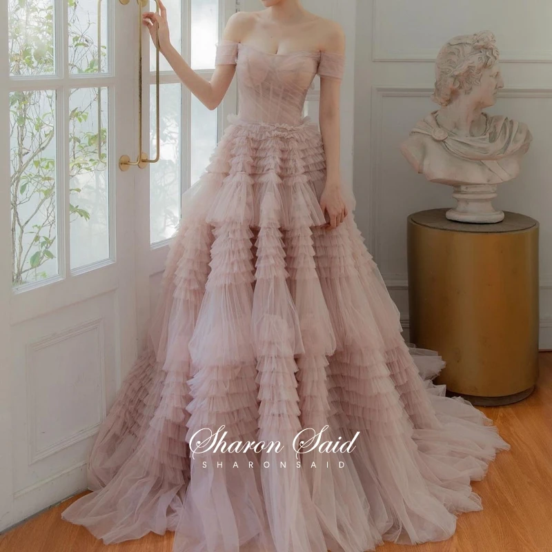 

Blush Pink Off Shoulder Arabic Evening Dress Tulle Tiered Puffy Long Dubai Formal Prom Dresses Sweet ]Birthday Party Gown SS238