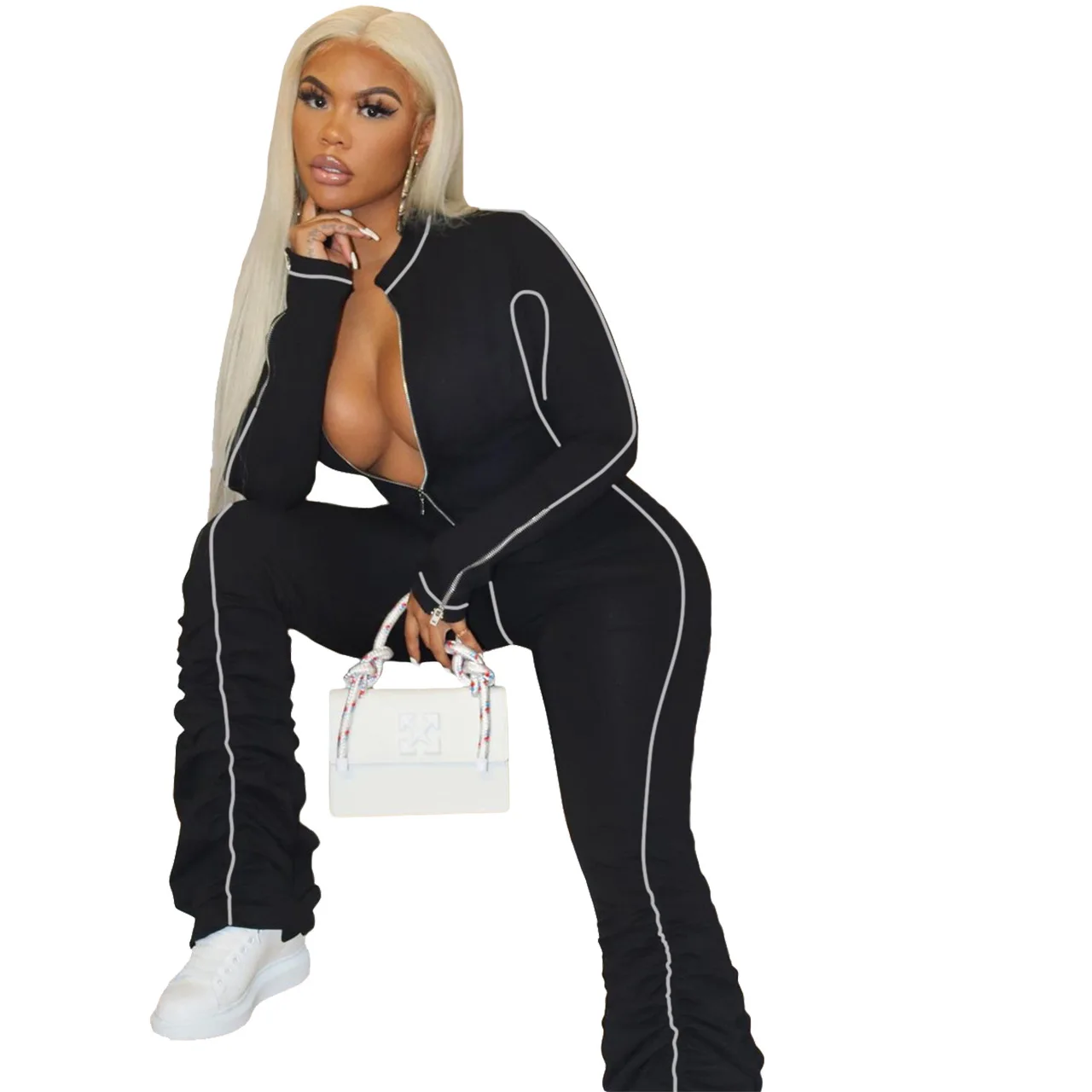 

Black Ladies Jumpsuites Fall Stack Long Sleeve Hooded Zipper Up V Stacked Jumpsuit Womens Rompers Sports Casual Playsuit