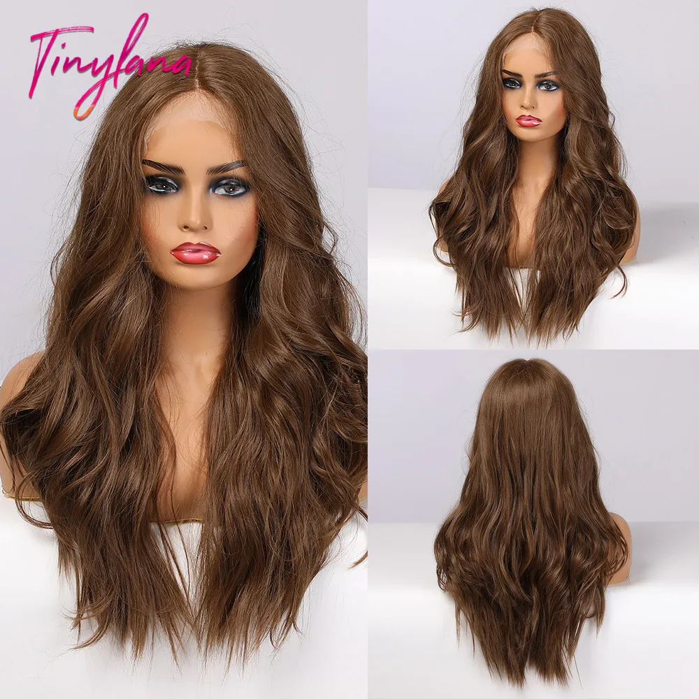 TINY LANA Long Wavy Wigs Ombre Honey Brown Lace Front Middle Part Synthetic Hair For Afro Black Woman Heat Resistant Fiber | Шиньоны и