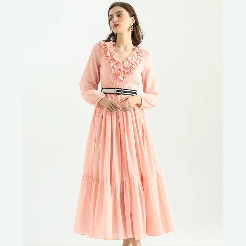 

Women Maxi Dress 2021 High Quality Spring Runway V-Neck Ruffle Long Sleeves Beach Long Dress Holiday Casual Dress NP1308Y