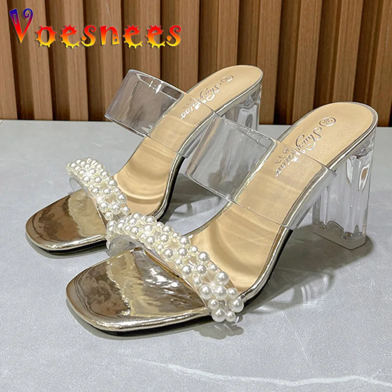 

Women Gladiator Slippers Fashion White String Bead 9CM High Heels Sandals 2022 New Summer Transparent Party Dress Shoes Size 43