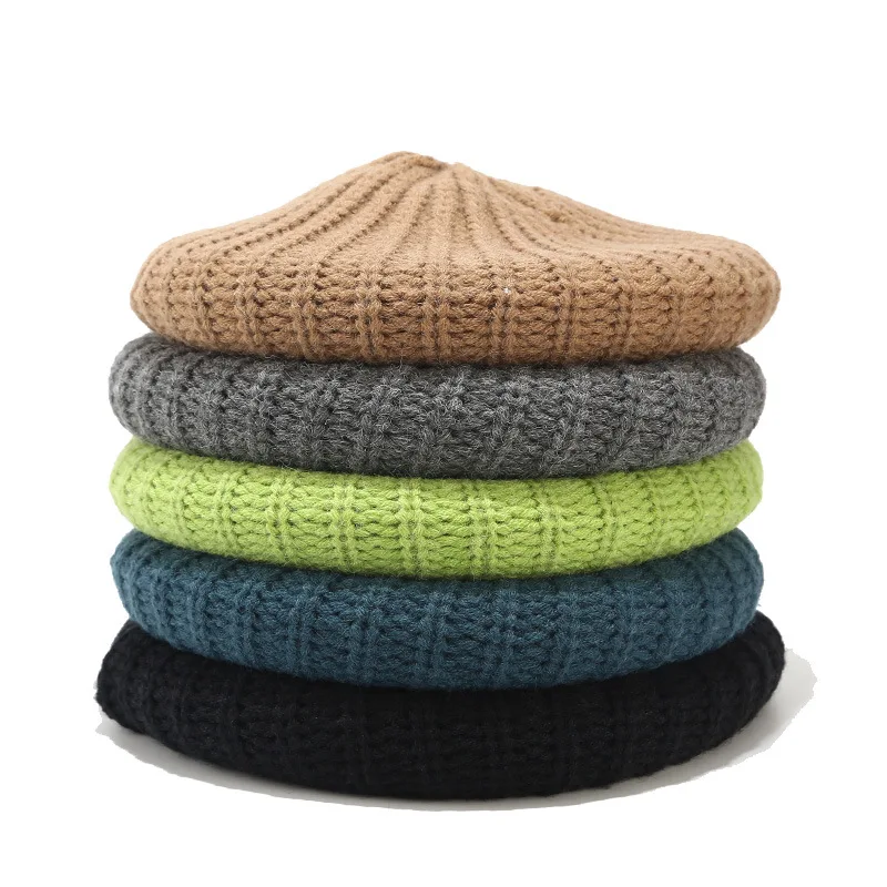 2019 New Wool knit hat beret women female Japanese solid color painter autumn and winter wild warm wool cap berets | Аксессуары для