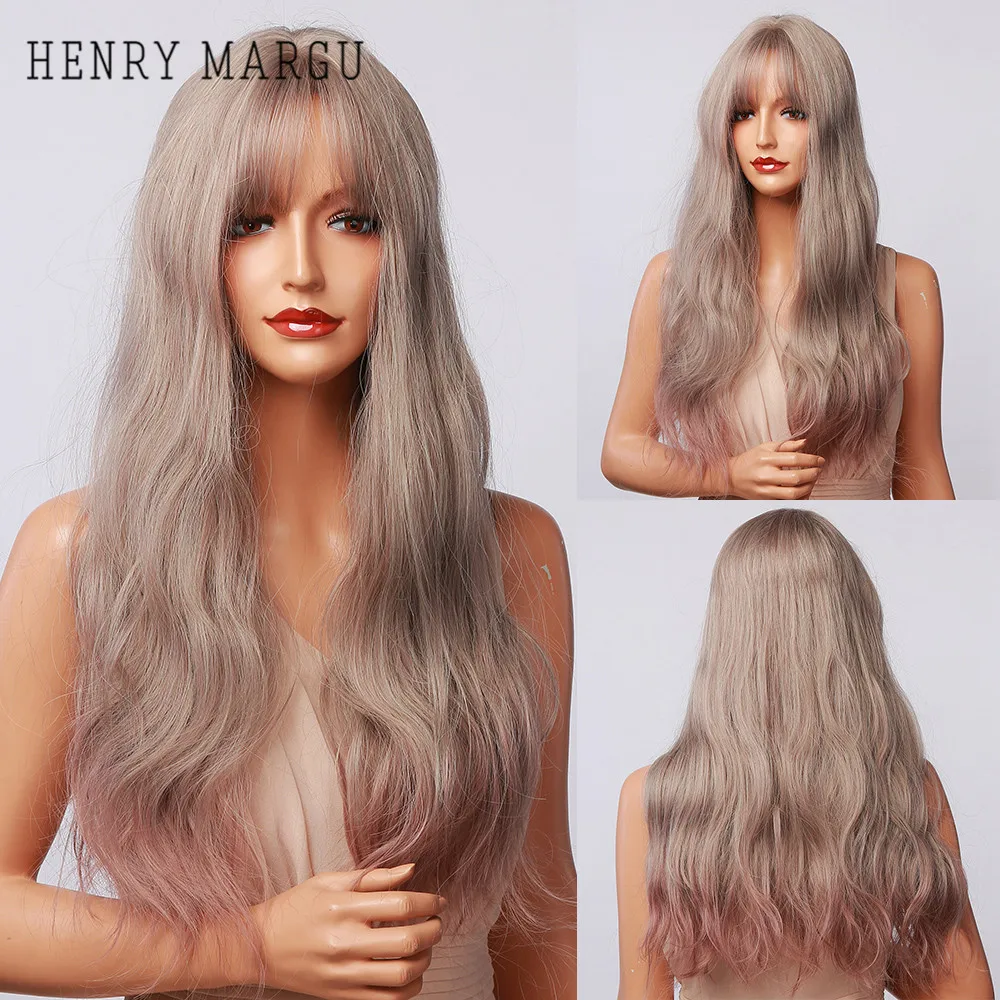 

HENRY MARGU Long Wavy Ombre Blonde Gray Wigs for Women Synthetic Natural Wig with Bangs Cosplay Heat Resistant Hair Wigs