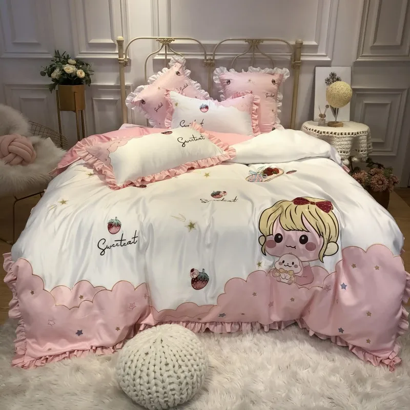 

White/Pink Cute Cartoon Princess Embroidery Bedding Set Satin Silk Cotton Ruffle Duvet Cover Bed Sheet Pillowcase Gifts For Girl