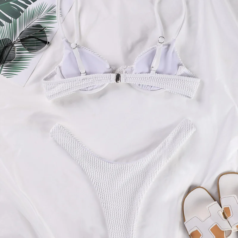 

Solid Push Up Brazilian Swimsuit With High Waist Women 2 Pieces White Ribbed Bikini Swimwear Vikini Women Sexy Sunbathing Bikini