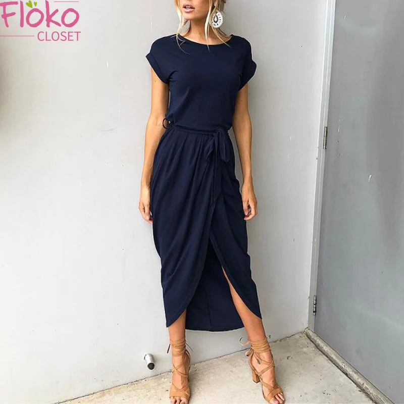 

Flokocloset Summer Elegant O-Neck Short Sleeve Sashes Maxi Dress Casual Office Lady Split Dresses Vestidos