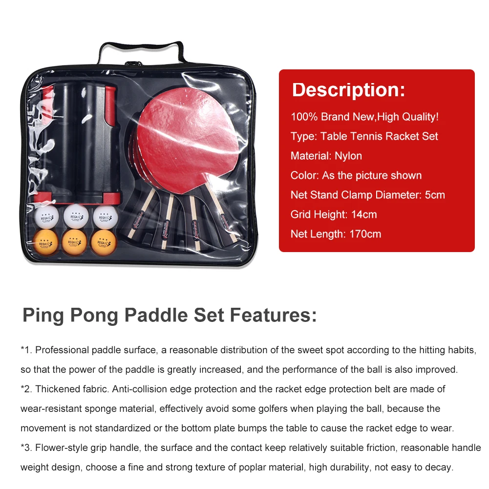 

Professional Double-Sided Rubber Table Tennis Racket Set with 4 Ping Pong Paddles + 1 Net+6 Balls Pingpong Bat Indoor Play