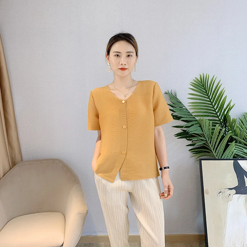 

Женская однобортная куртка миаке, летняя однотонная эластичная свободная плиссированная одежда с коротким рукавом, 45-75 кг