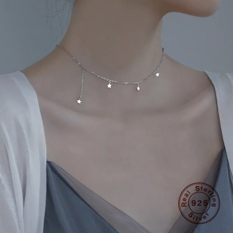 

Stars 14K 925 Sterling Silver Necklace Shiny Five Pointed Star Women Jewellery Pendant Net Red Clavicle Chain Valentine Gift