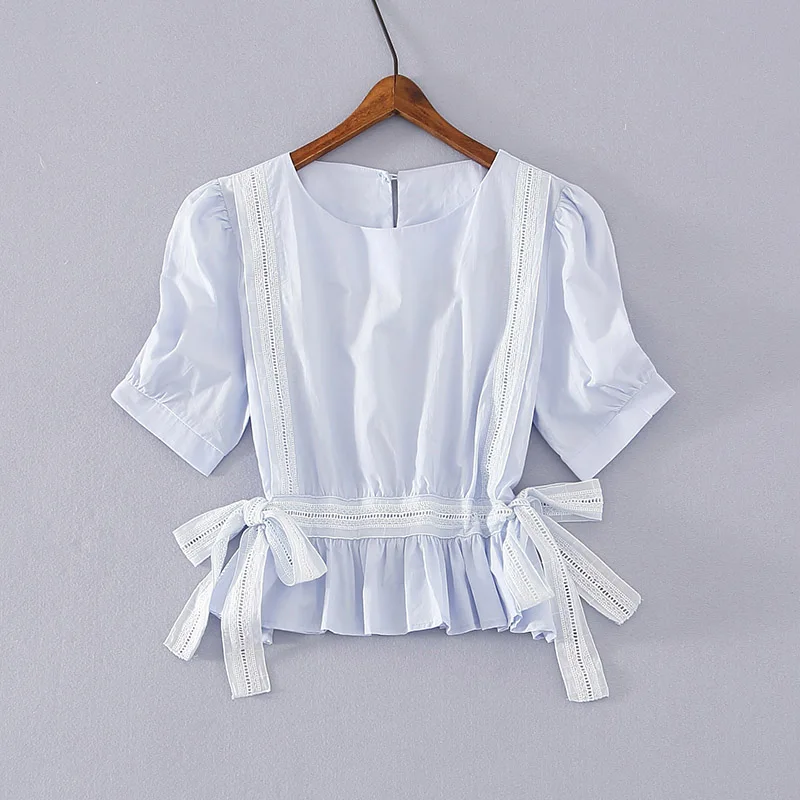 

New Puff Sleeve O Collar Hollow Out Flower Lace Patchwork Ruffle Shirt Femme Bow Tie Blusas Slim Women Blouse Chic White Tops