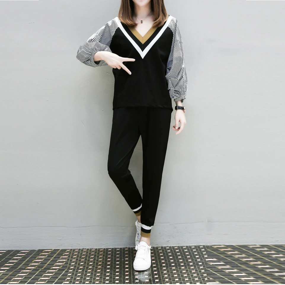 2019 новые осенние женские комплекты Лоскутные Полосатые рубашки пуловеры Топы