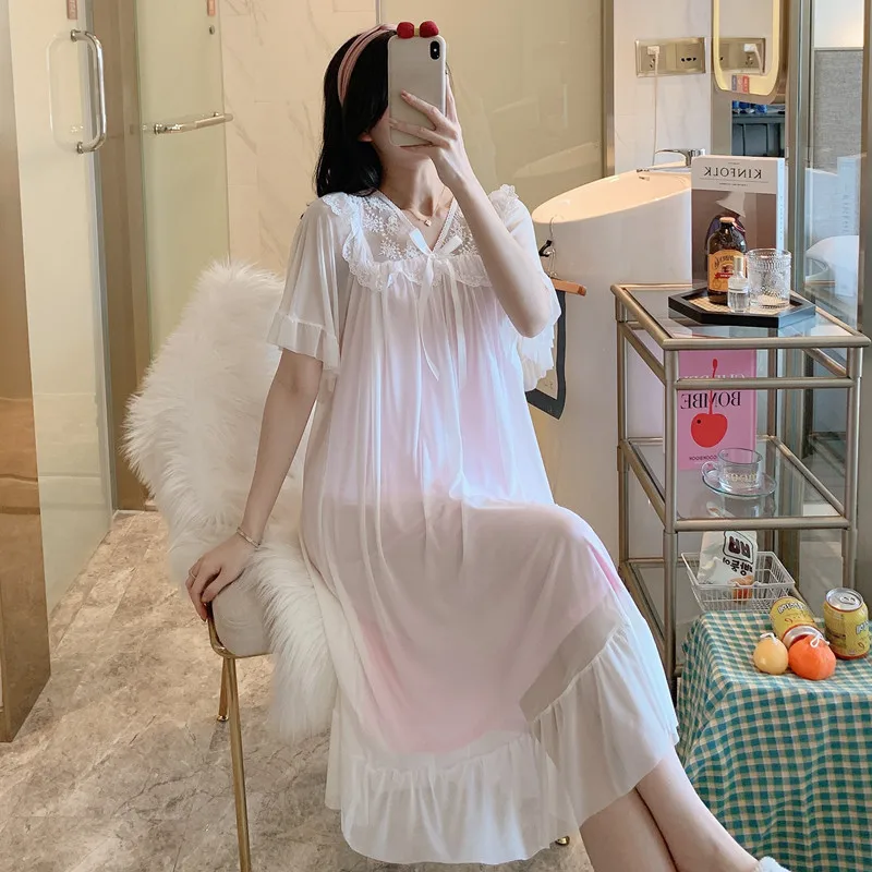 2021 summer Japanese and Korean fashion lace mid-length dress palace short-sleeved princess nightdress sexy nightwear dress