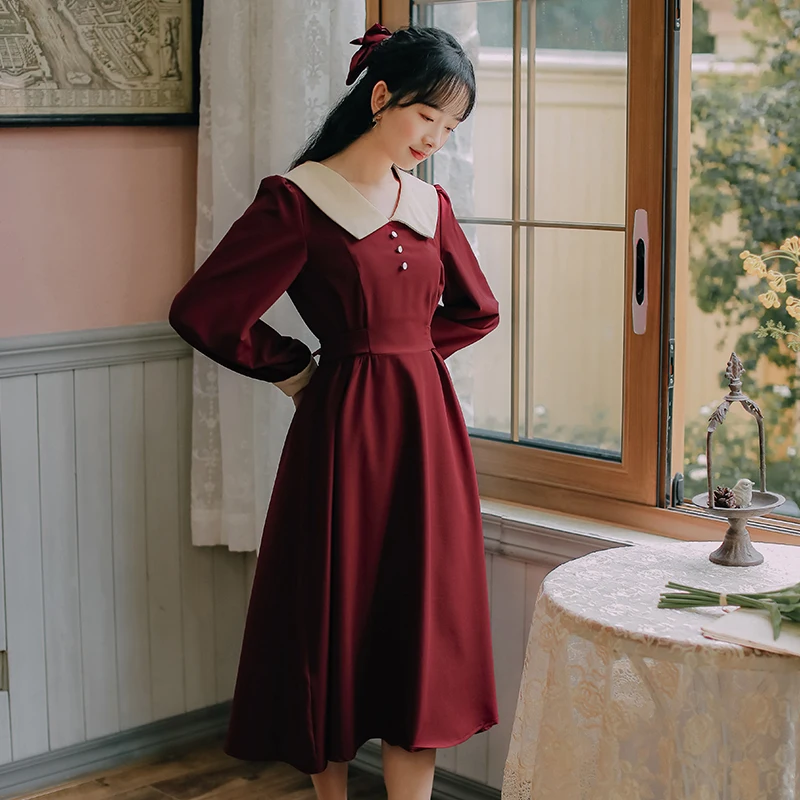 

2020 new fashion women's clothing Turn-down Collar Vintage Full women dress dresses