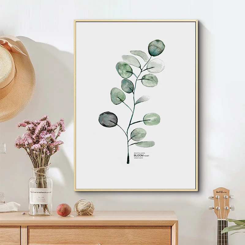 Водяная краска Зеленый лист холста плакат Nordic Wall Art Ботаническая печать живописи скандинавское украшение картина для дома.