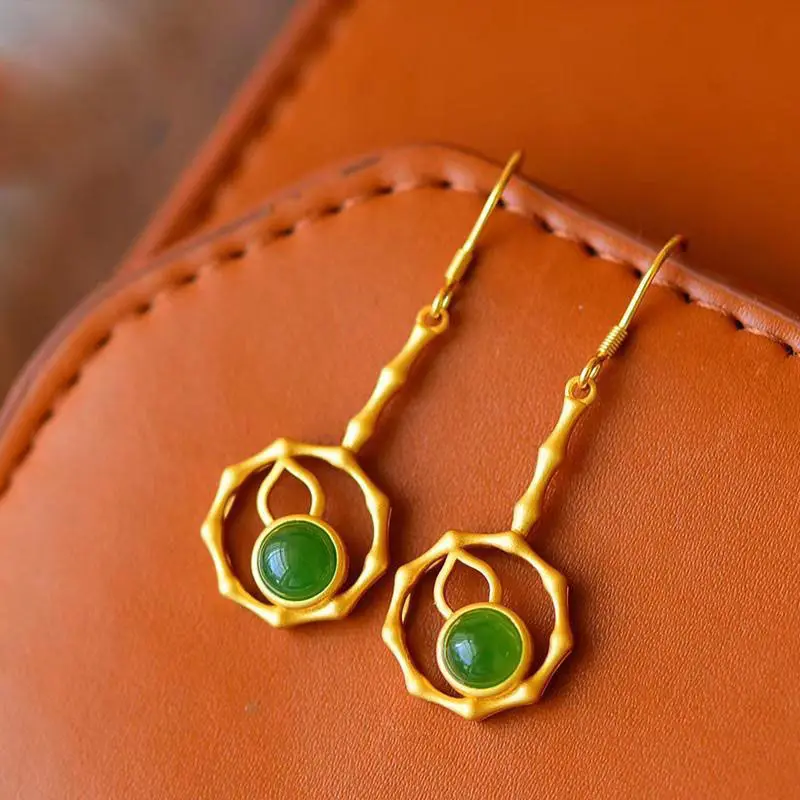 

Retro High-Grade Hetian Jade Gourd Earrings for Women Long Sterling Silver Ancient Gold Texture Jasper Eardrops Fairy Earrings