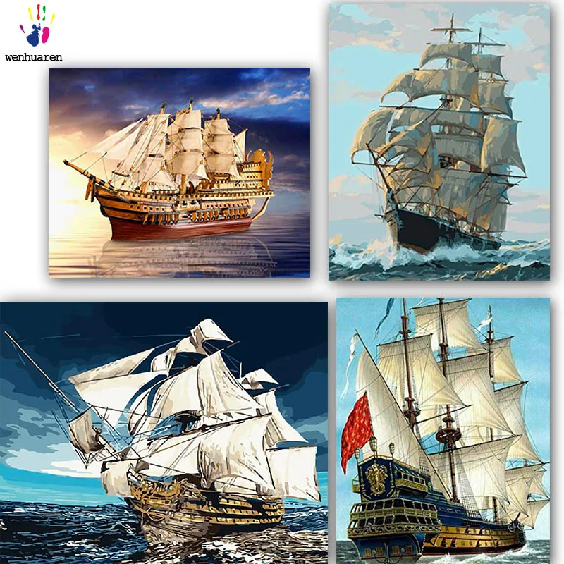 DIY картинки для раскраски по номерам с цветами корабль на море картина Рисование