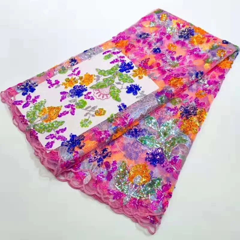 

Latest Pink African Lace Fabrics 2021 Party Nigerian Sequin Tull Lace Fabric With Sequins French Mesh Lace Fabric For Dress