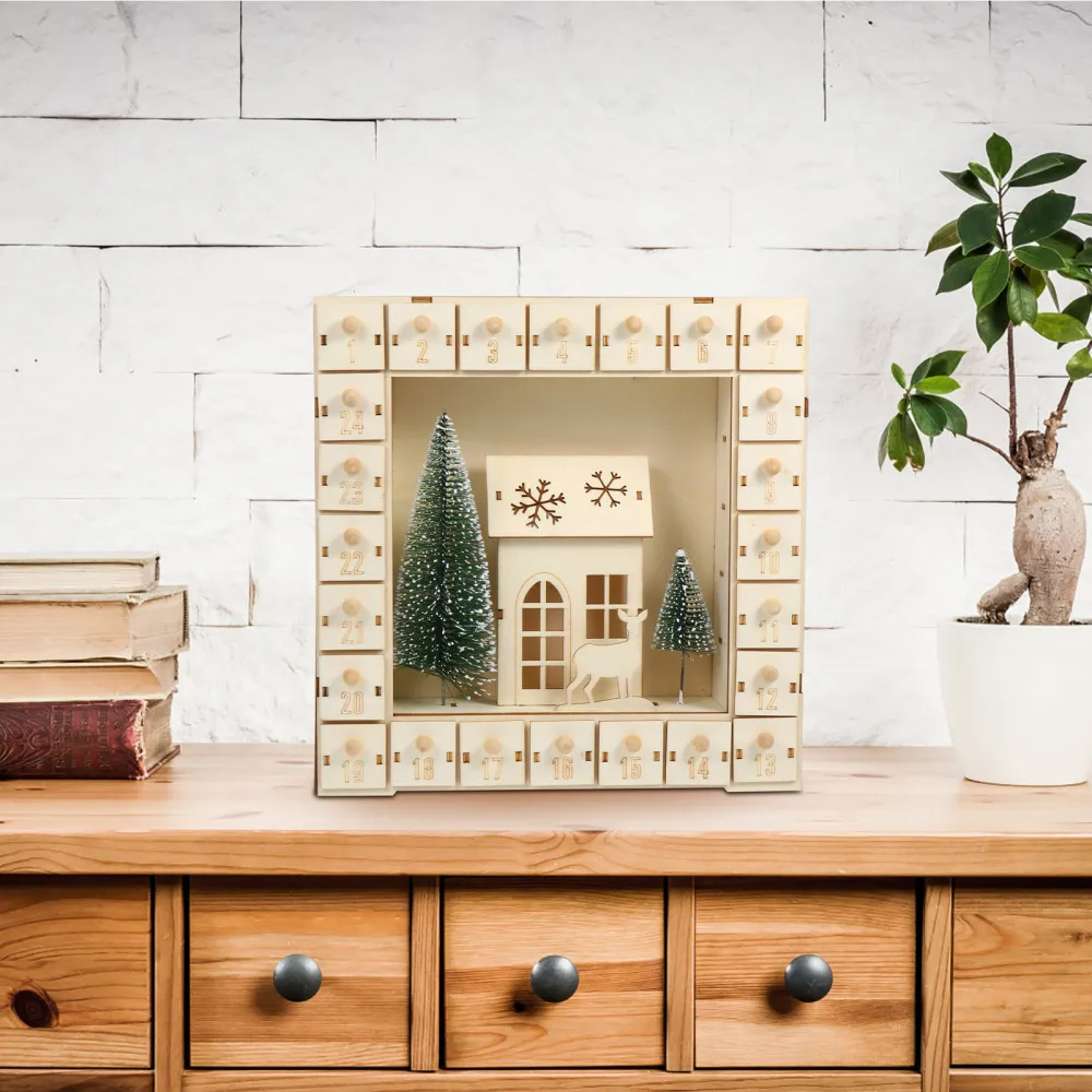 

1Pc Wooden Calendar Adornment Christmas Calendar Carved Drawer Calendar (Khaki)