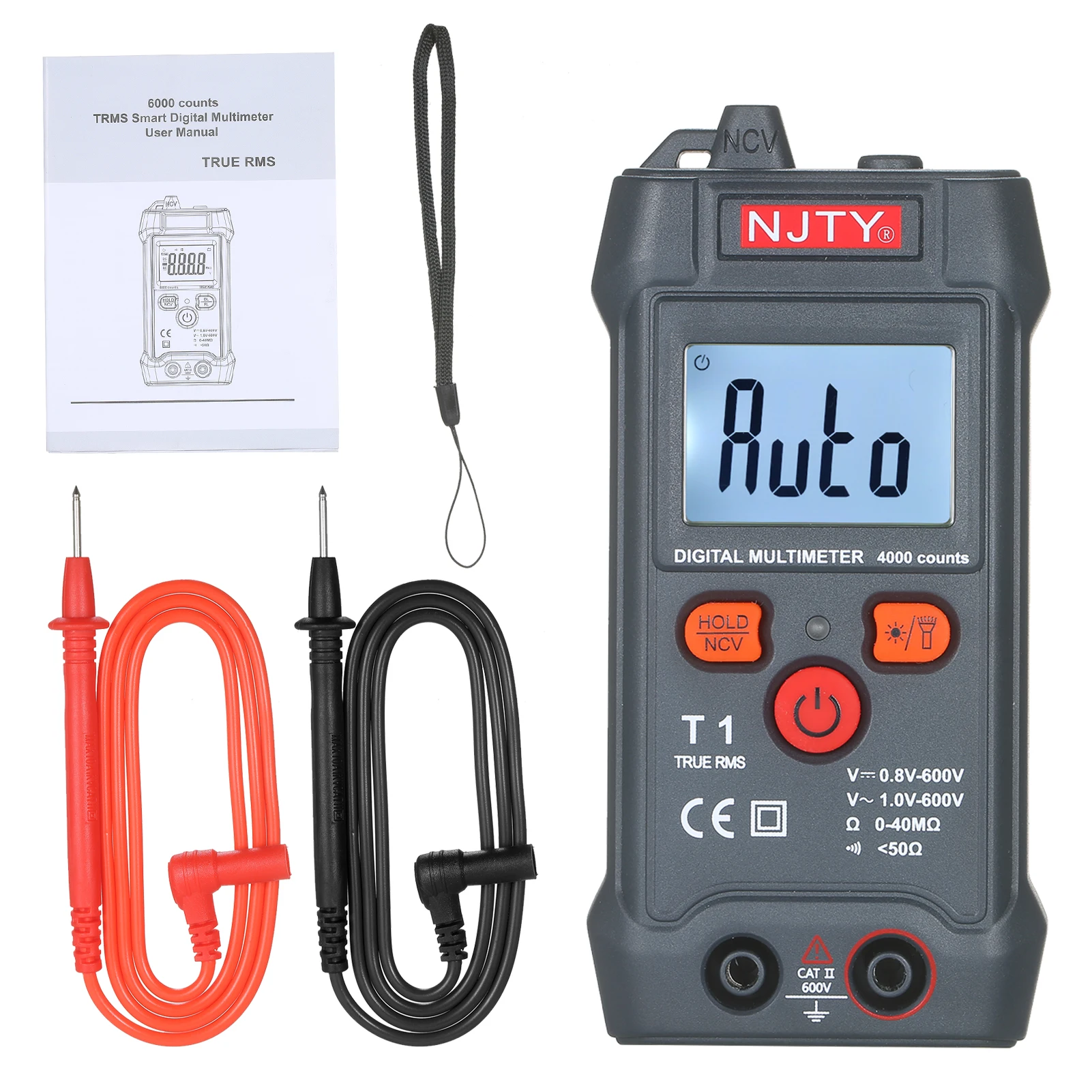 

NJTY Palm-size LCD Digital Multimeter Auto Range NCV 4000 Counts True RMS Smart Universal Tester 600V Ohm Voltage Tester