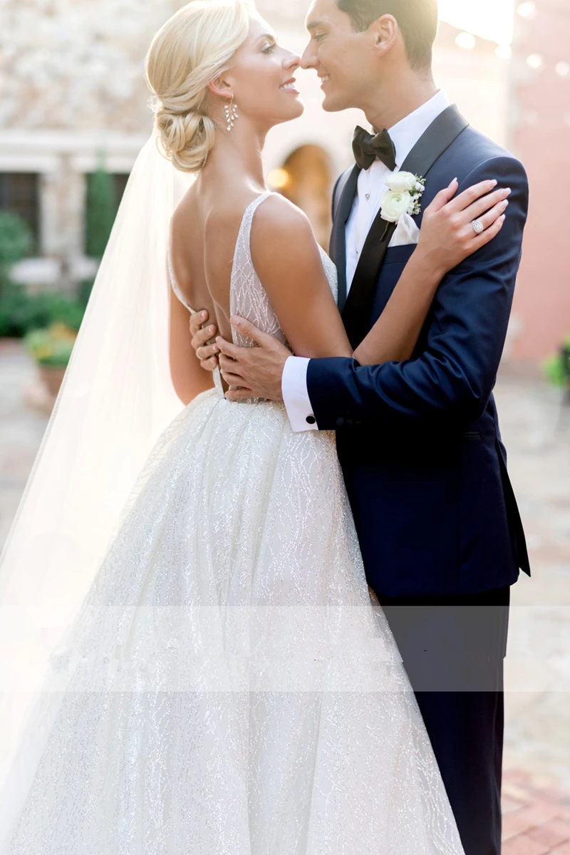 202 New wedding backless cheap dress v neck Spaghetti Straps Bridal vestido de noiva gelinlik Arabic mariee shiny | Свадьбы и