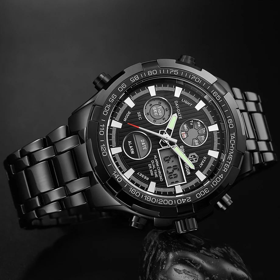 Reloj Hombre GOLDENHOUR черные кварцевые мужские часы zegarek meski цифровые наручные военные