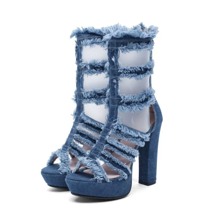 

Fashion Pointed Peep Toe High-heeled Ankle Boots For Womens Elastic Denim Cowgirl Booties Anti-skid Back Zipper Summer Commuting