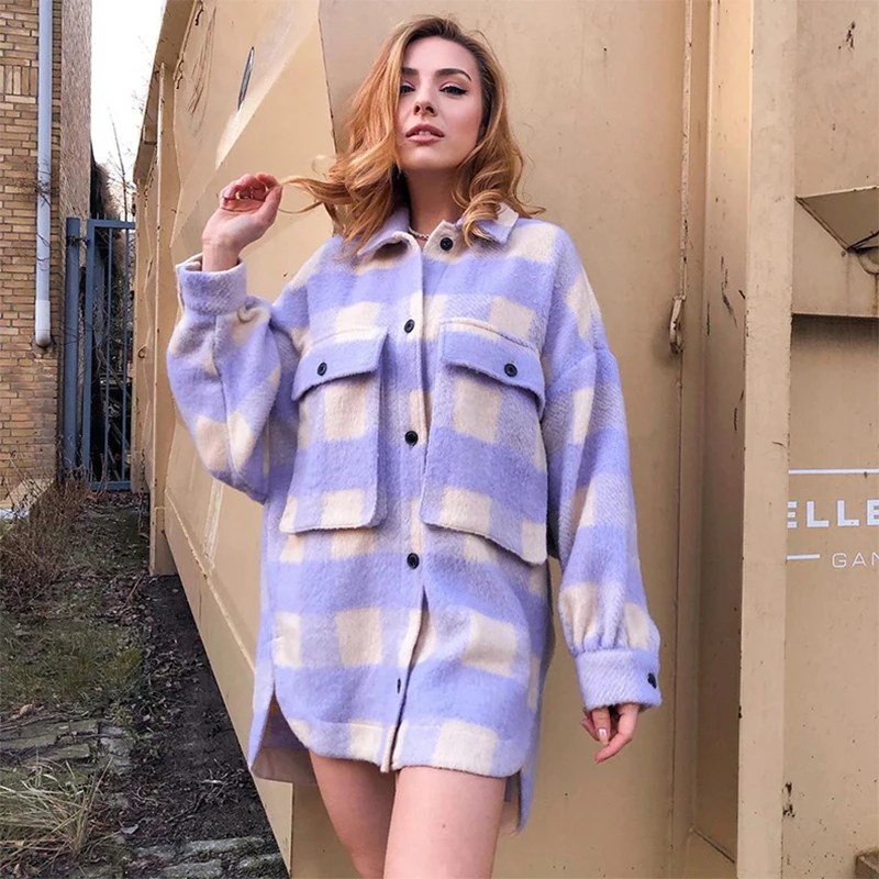

2020, женская обувь зимние модные Overshirts больших размеров в клетку шерстяное куртка Винтаж карман Асимметричная женская верхняя одежда шикарн...
