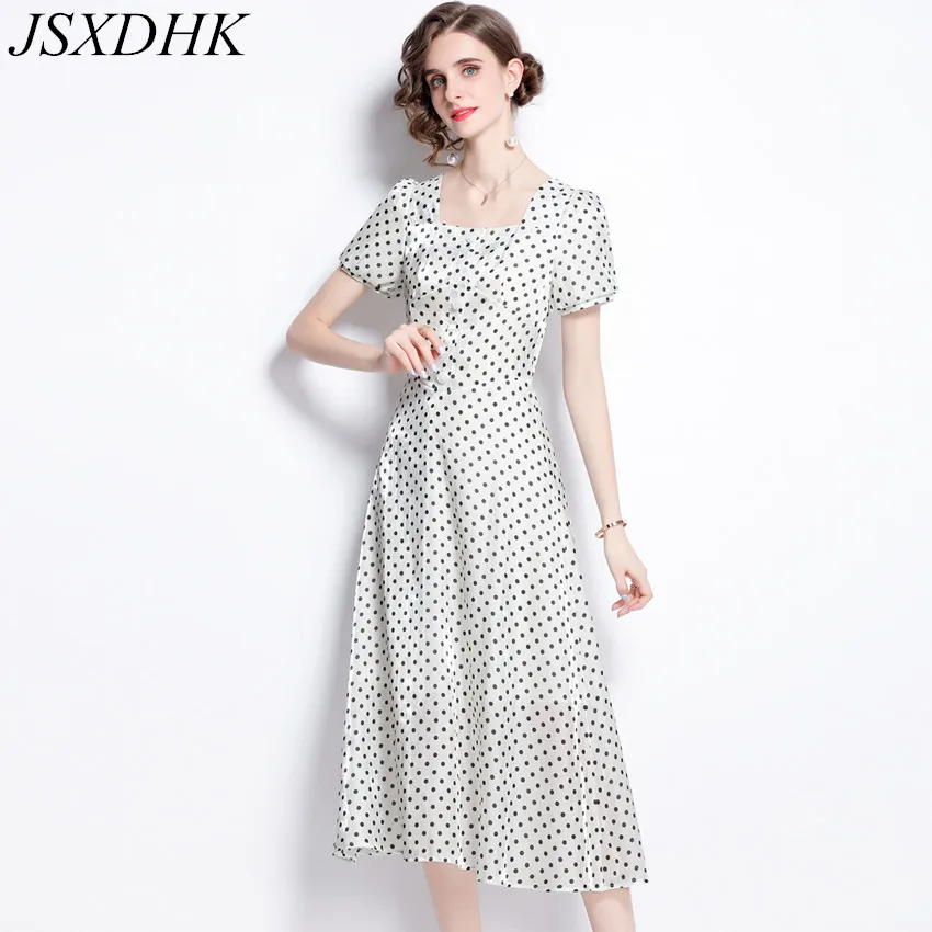 

JSXDHK Elegant Summer Vacation Chiffon Midi Dress New Women Square Collar White Polka Dot Short Sleeve Female Runway Vestidos