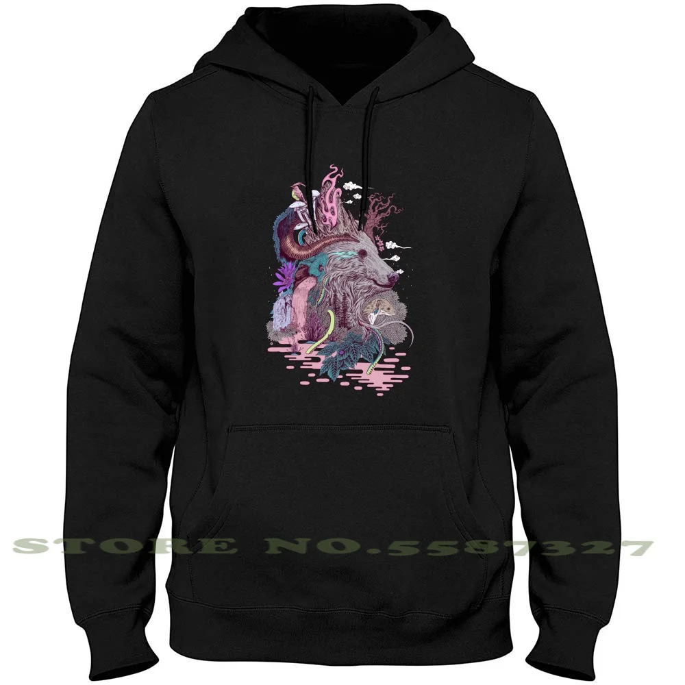 

Forest Warden Long Sleeve Hoodie Sweatshirt Bear Nature Surreal Lowbrow Waterfall Mushroom Fantasy Folk Pink Detail