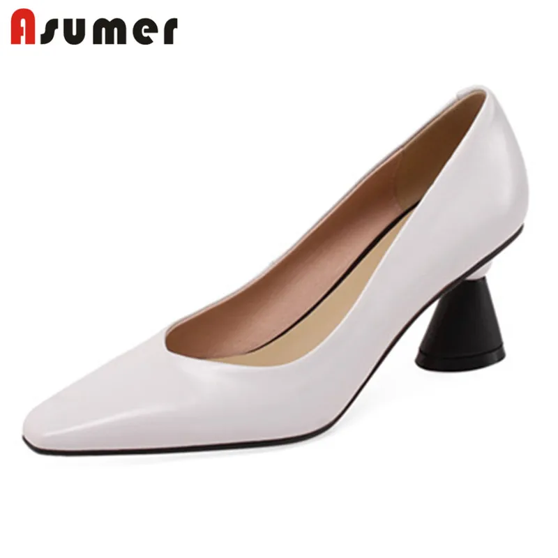 

Asumer 6cm Strange High Heels Ladies Genuine Leather Shoes Square Toe Slip On Dress Office Shoes Women Pumps Top Quality