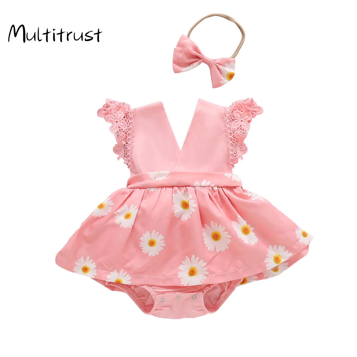 

Multitrust 2020 Cute Infant Baby Clothes Summer Sleeveless V-neck Daisy Print Bodysuit Dress +Headband Outfits Size 0-24M