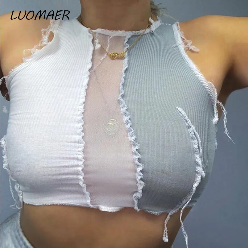 

Luomaer 2020 European and American style autumn winter women's round neck sleeveless perspective mesh splicing slim women's Vest