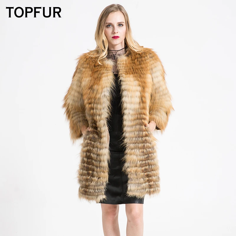 Женское пальто с натуральным лисьим мехом TOPFUR длинное круглым вырезом и на