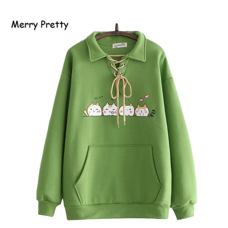 Женская толстовка с капюшоном Merry Pretty хлопковая мультяшным принтом кота в стиле