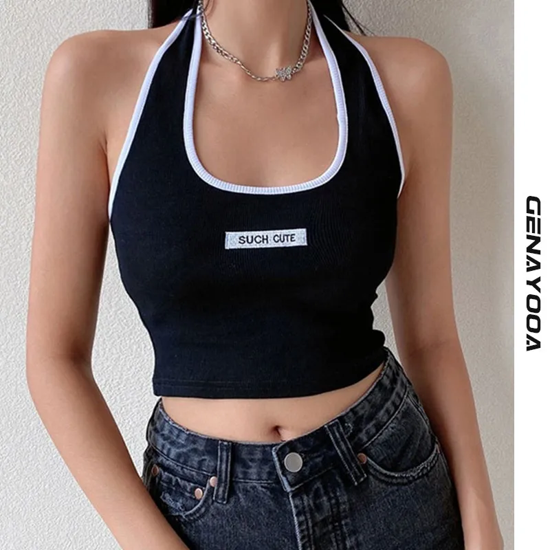 

Женский укороченный топ с вышивкой Genayooa, повседневный трикотажный топ без рукавов, с открытой спиной, для вечеринок, на лето, 2021