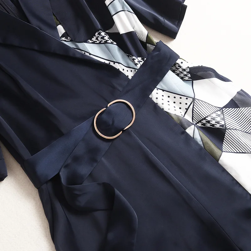 

2020 Summer Jumpsuit High End OL Office Fashion Chiffon Stitching Printed Jumpsuit Lapel Double Pocket Wide Leg Pants With Belt