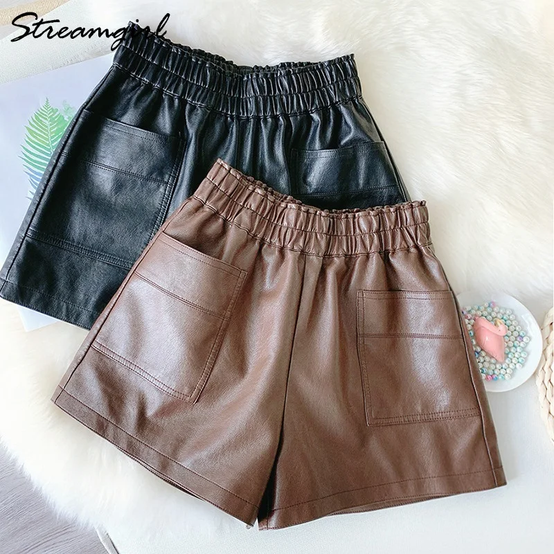 

Women's Leather Shorts High Waist Winter Casual Wide Leg PU Short Pants With Pockets Black Faux Leather Shorts For Women Winter