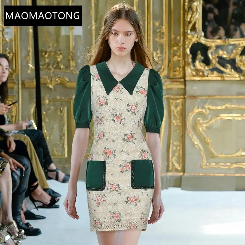 

Fashion Designer Dress Autumn Women's Dress Short Sleeve Floral Print Hollow Out Embroidery Package Buttocks Dresses