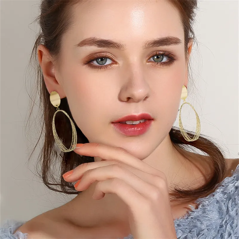 Alloy Big Hoop Earrings Oval Stud Long Geometric Temperament Jewelry Women Trendy OL Multilayer Exaggerated Hollow Ear Rings | Украшения и