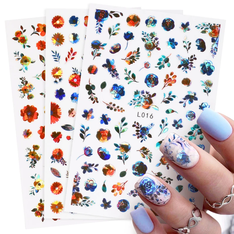 

3D-Наклейки для ногтей из фольги с изображением синих цветов и листьев