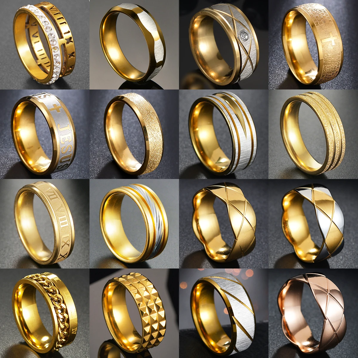 

High Quality 6/8MM Fashion Letters Crystal Gold Rings for Men Women Stainless Steel Chain Ring Unisex Jewelry Party Wedding Gift